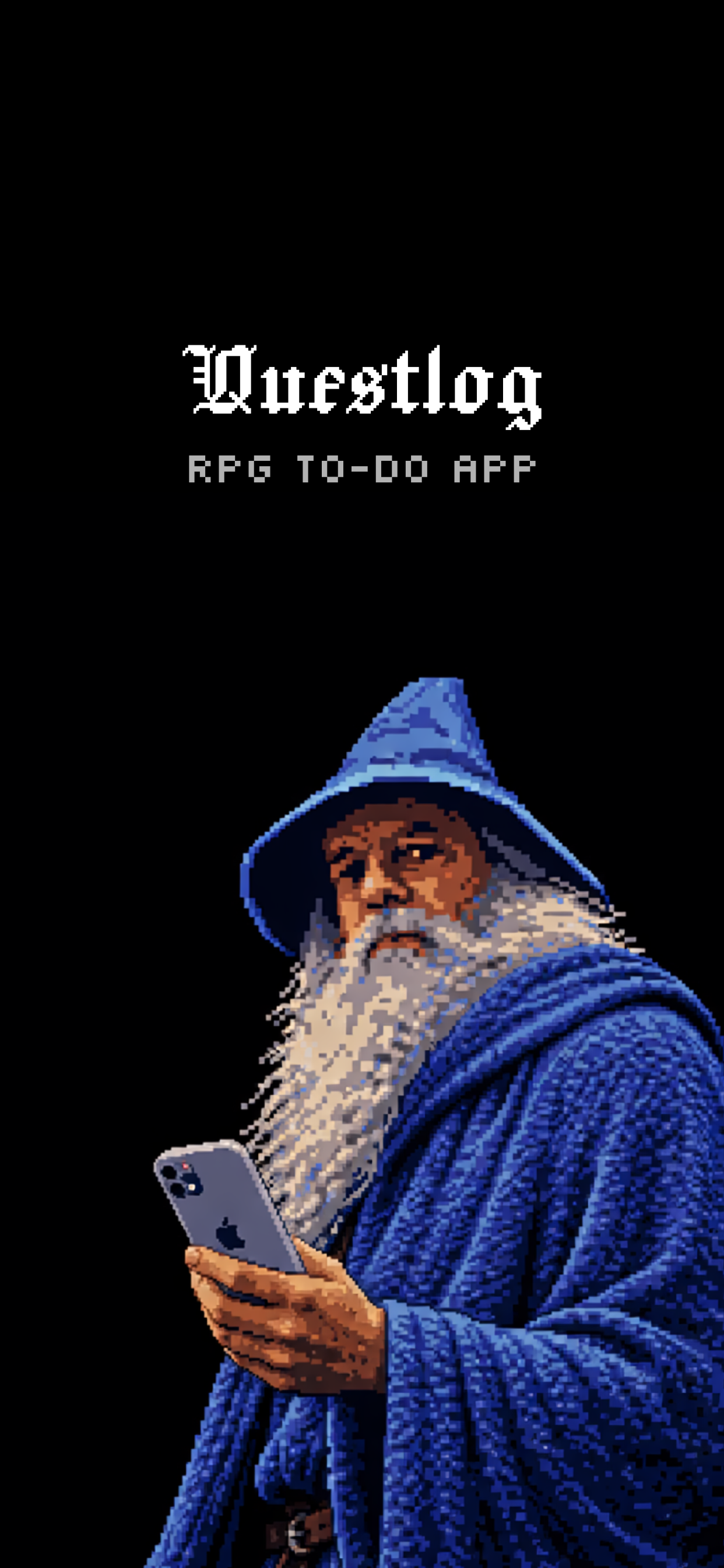 Pixel art wizard holding a phone — the Questlog mascot