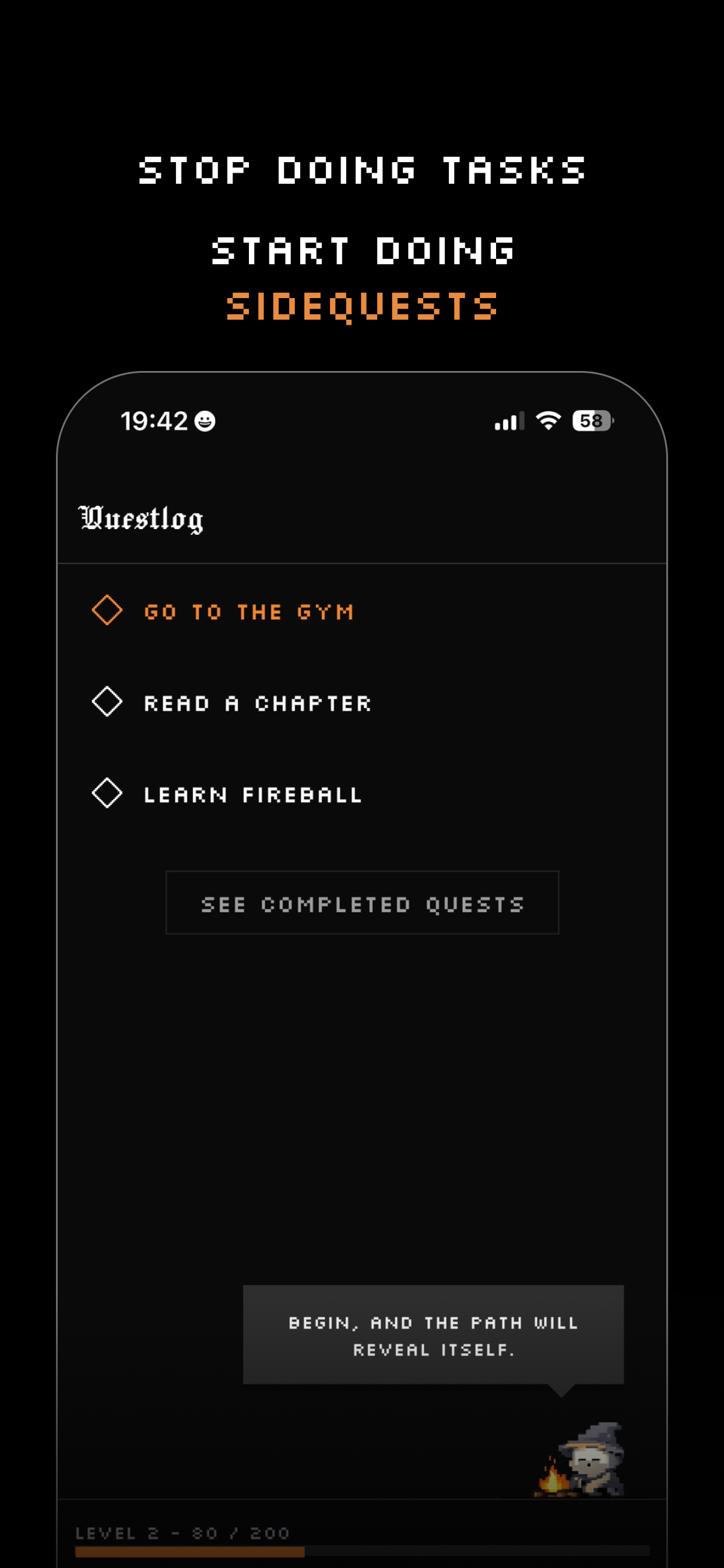 Questlog app showing quest list with wizard companion, XP bar, and active quests like Go to the Gym and Learn Fireball